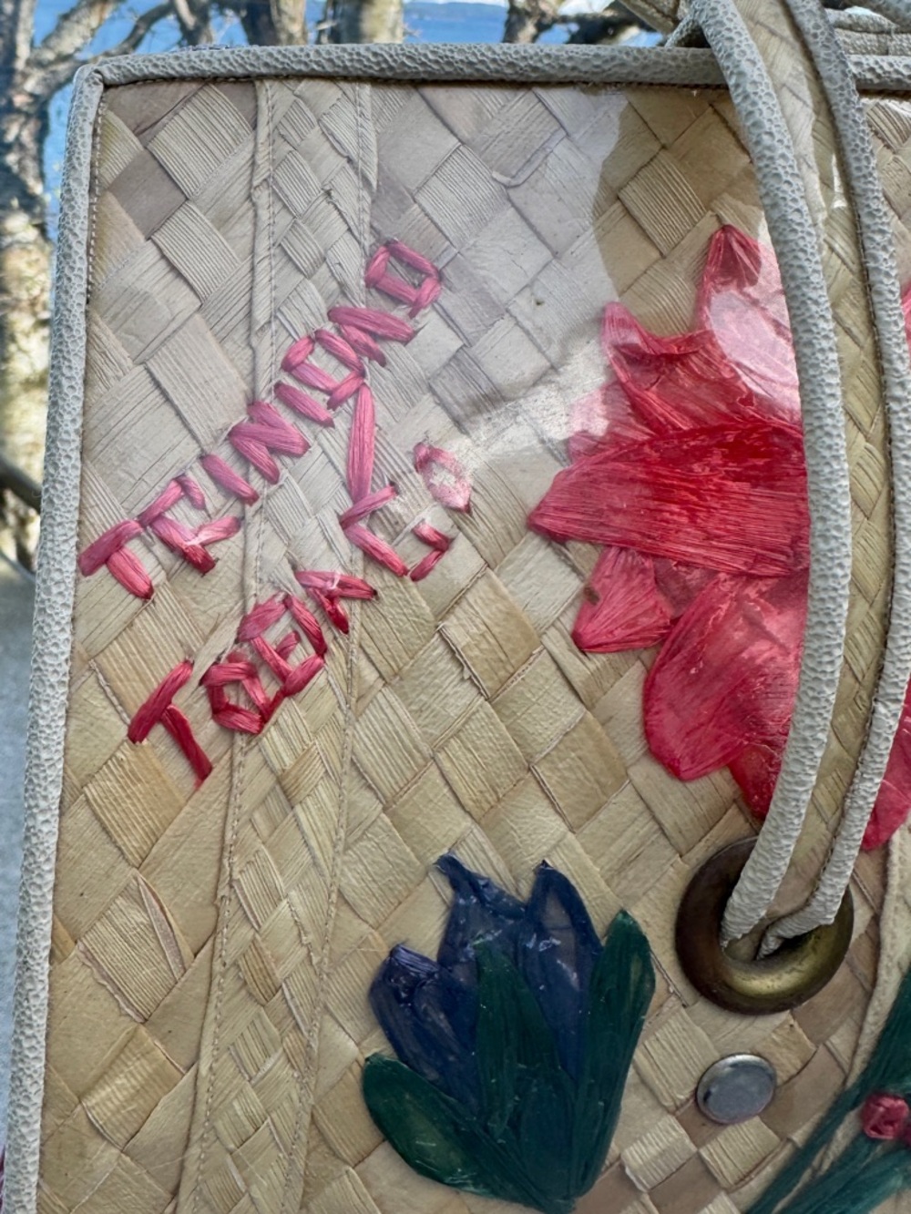 Vintage 50s/60s Woven Straw Floral Trinidad & Tobago Large Tote Travel Bag - Picture 3 of 16